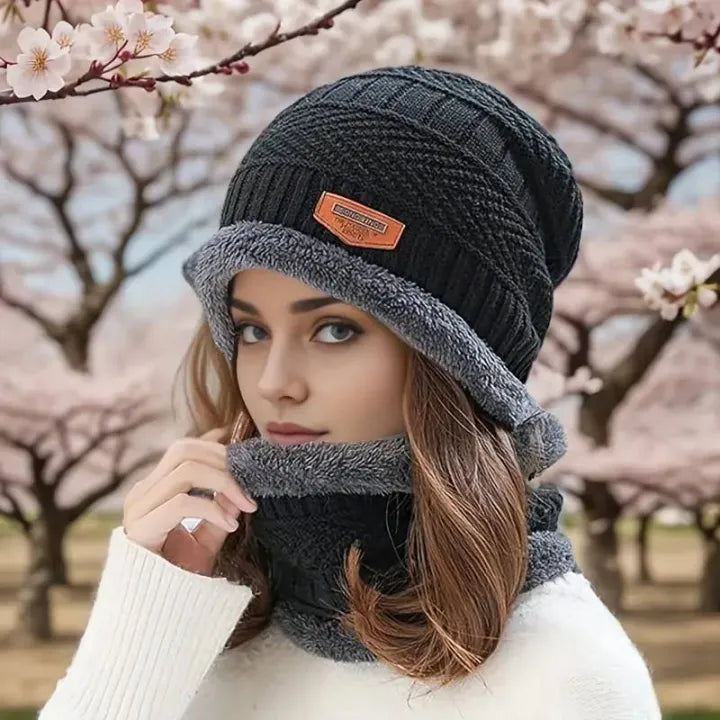 2-in-1 Winter Beanie & Neck Scarf Set - Thermal Fleece Knitted Cap for Men & Women