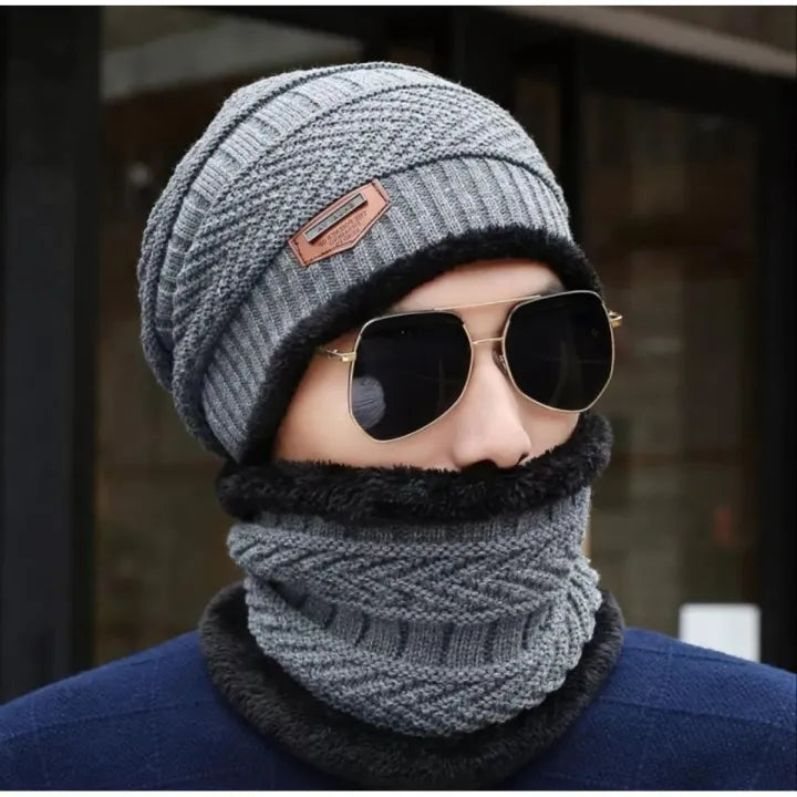 2-in-1 Winter Beanie & Neck Scarf Set - Thermal Fleece Knitted Cap for Men & Women