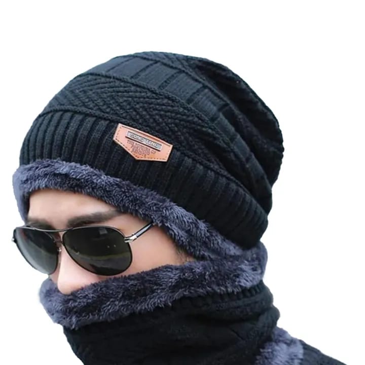 2-in-1 Winter Beanie & Neck Scarf Set - Thermal Fleece Knitted Cap for Men & Women